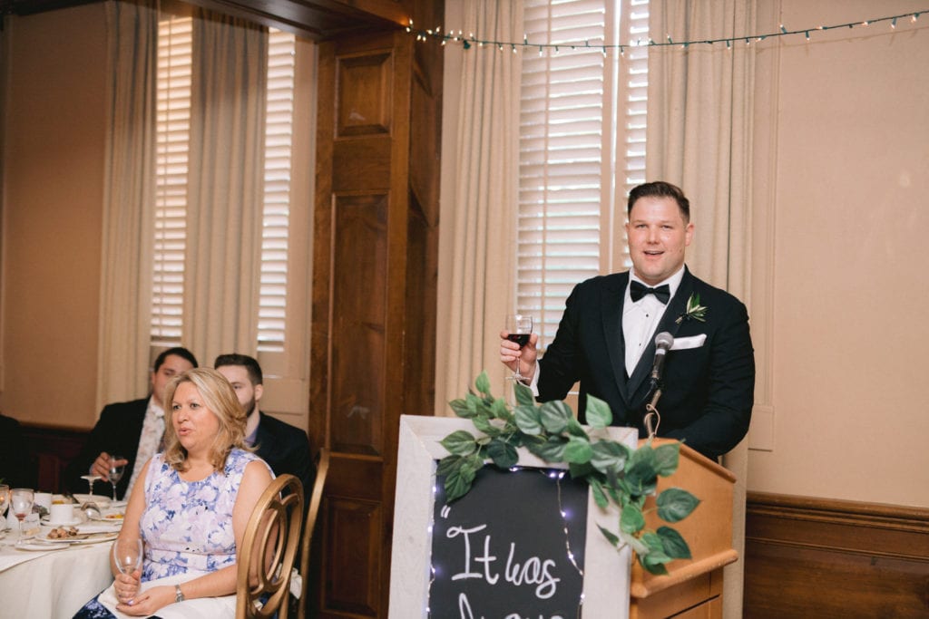 Best man giving toast at Vintage Hotel Wedding