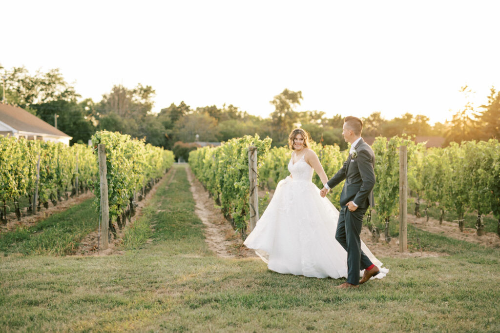 Wedding Photos at sunset in a vineyard